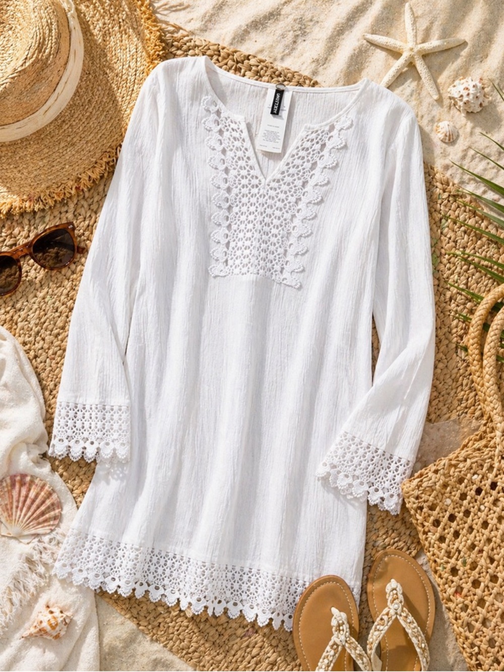 Jantzen White Crochet Trim Tunic Medium Cotton Boho Beach - Picture 10 of 10